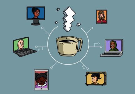 Illustration of a coffee cup with steam rising out of it. The cup is surrounded in a circle by six different illustrations of people on video calls. White block text at the top reads: Virtual Cafe Series